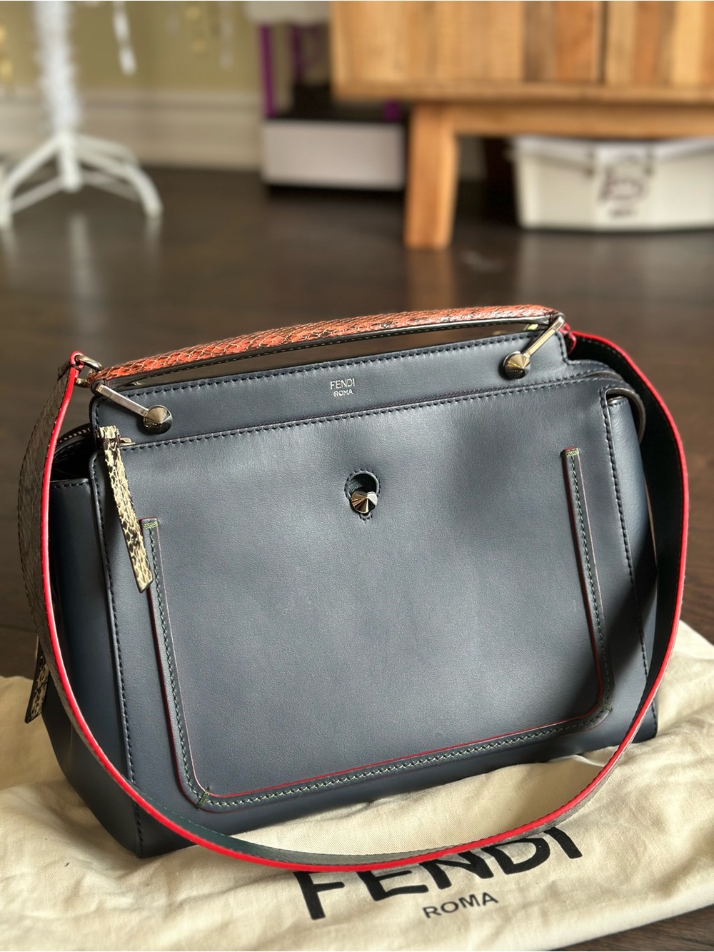Fendi Dark Blue Smooth Calfskin Leather And Python Dotcom Satchel Bag